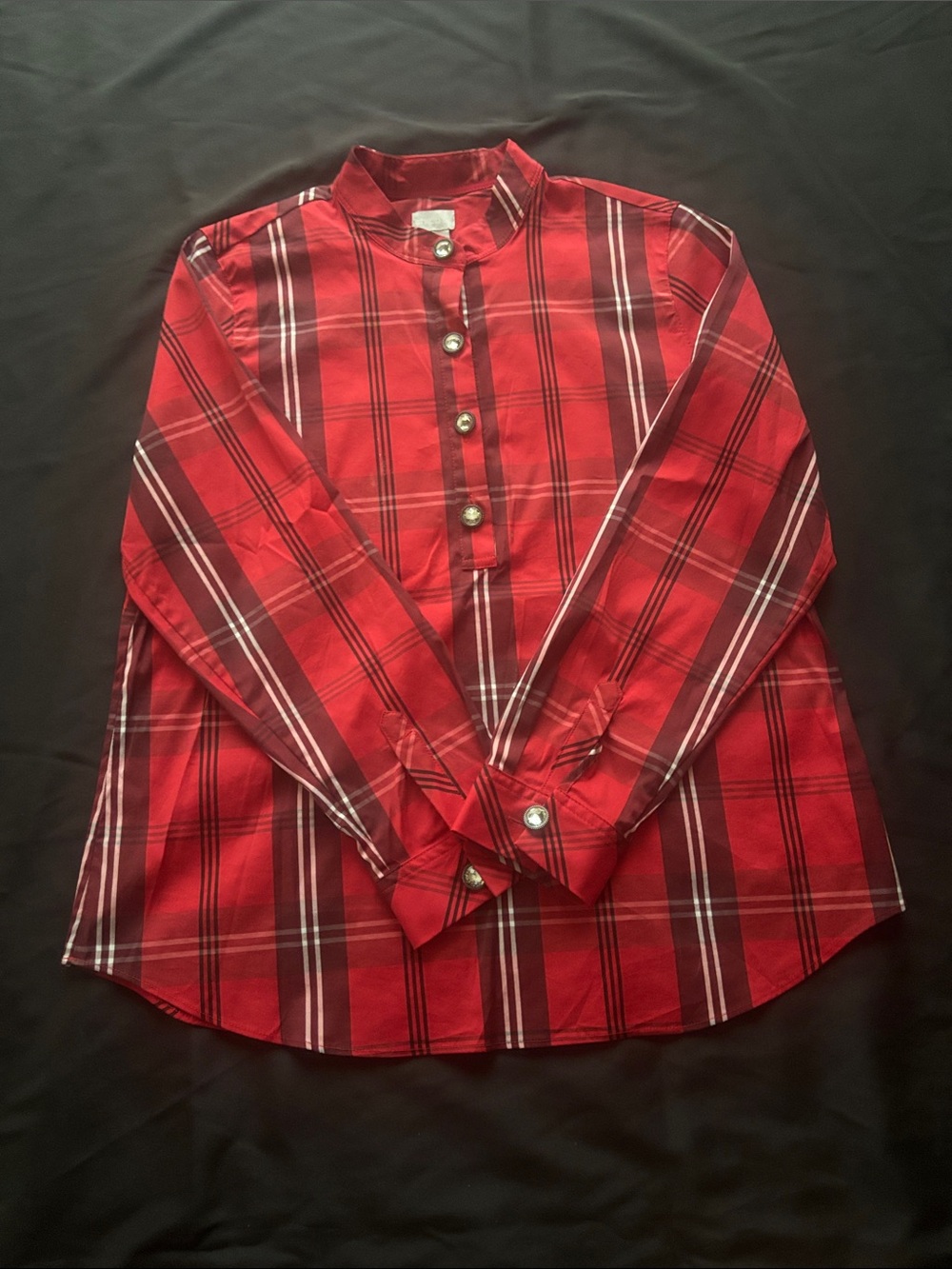 Chico's Red Plaid Button-Front Band Collar Blouse